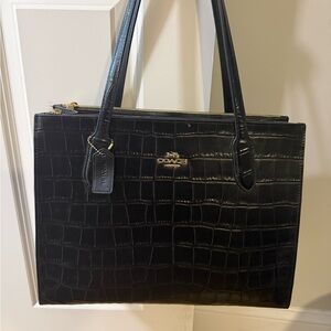 Coach Black Croc-Embossed Leather Tote with Gold Hardware
